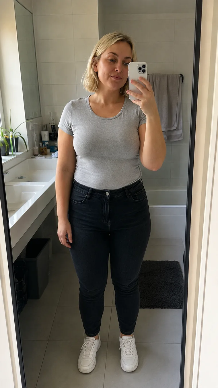 Ann before following the meal program, mirror photo in grey t-shirt