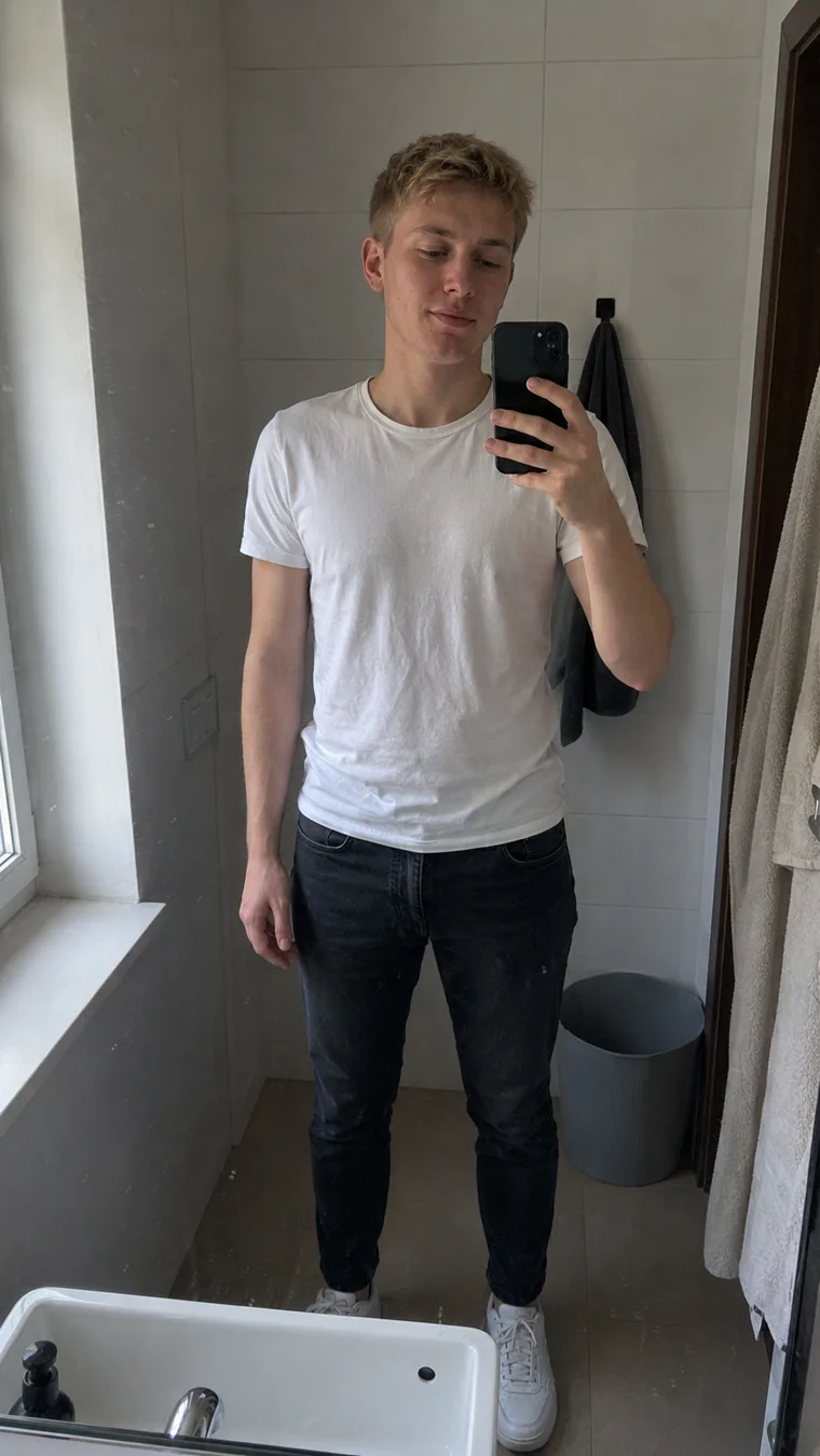 Harry before following the meal program, slim build in white t-shirt